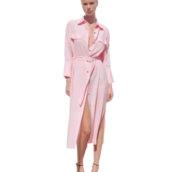 Zara Dresses & Skirts - Zara Midi Button Down Shirt Dress Long Sleeve Side Split Waist Belt Pink Size XS